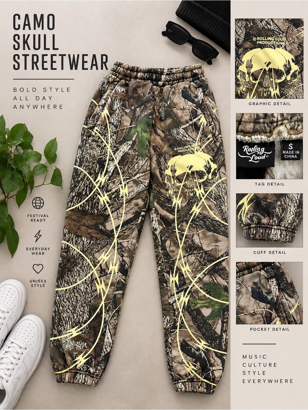 Rolling Loud Camo Skull Joggers Size S